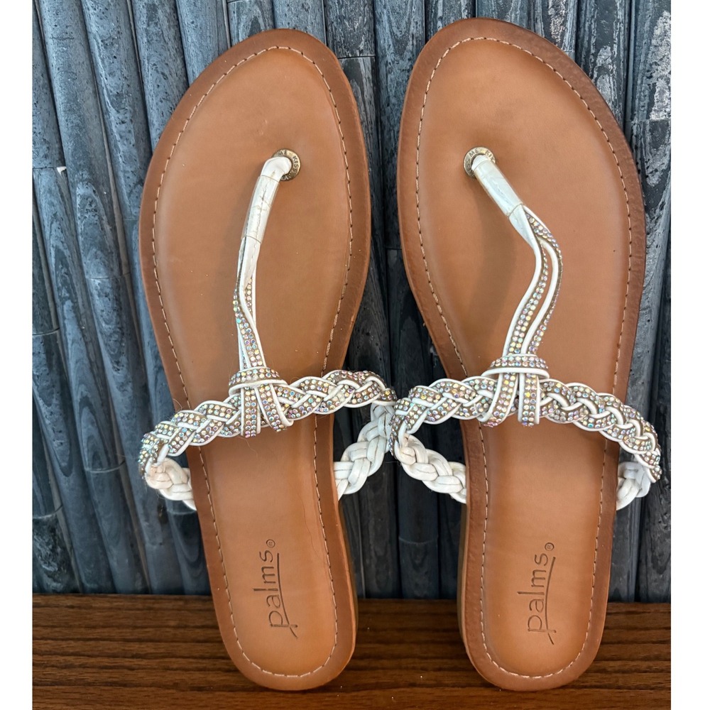 Palms Womens White Braided Rhinestone Thong Sandals Flat Flip Flops Size 11M